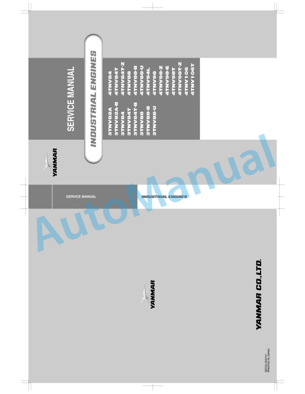 Yanmar 3TNV82A to 4TNV106T Industrial Engine Service Manual 0BTNV-G00101