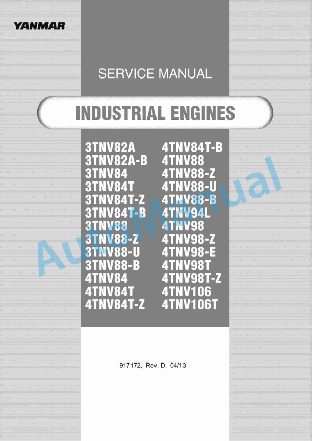 Yanmar 3TNV82A to 4TNV106T Industrial Engine Service Manual 0BTNV-G00103
