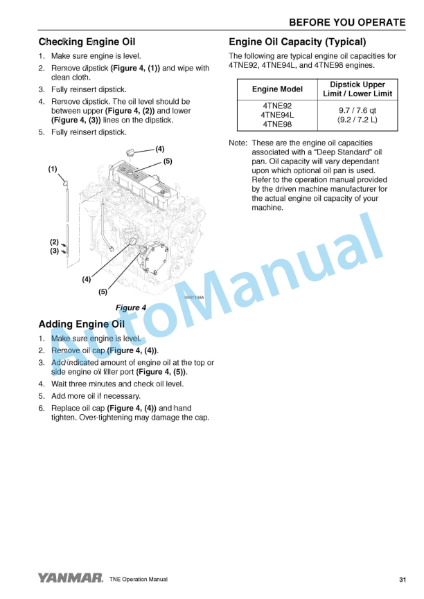 Alternative view of Yanmar 4TNE92, 4TNE94L, 4TNE98 Industrial Engine Operation Manual 0ATNE-G00100