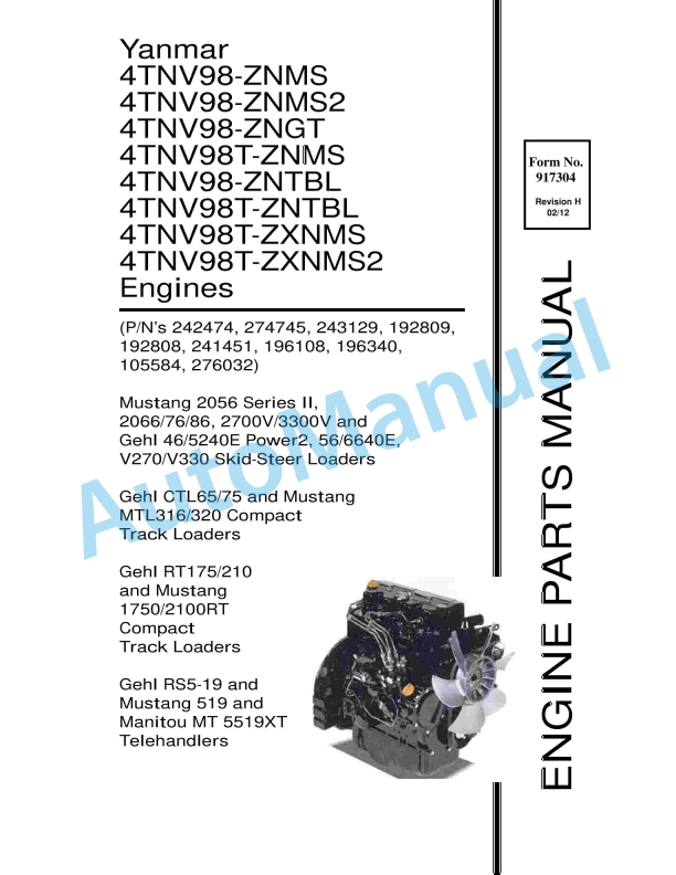 Yanmar 4TNV98-ZNMS to 4TNV98T-ZXNMS2 Engine Parts Manual 1 Yanmar 4TNV98-ZNMS to 4TNV98T-ZXNMS2 Engine Parts Manual