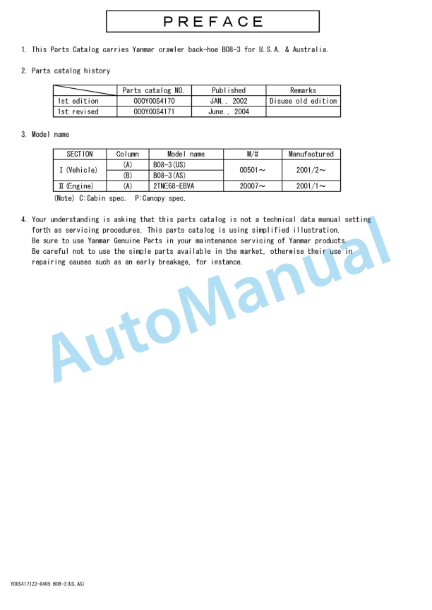 Yanmar B08-3 Crawler Backhoe For USA Parts Catalog 1 Yanmar B08-3 Crawler Backhoe For USA Parts Catalog