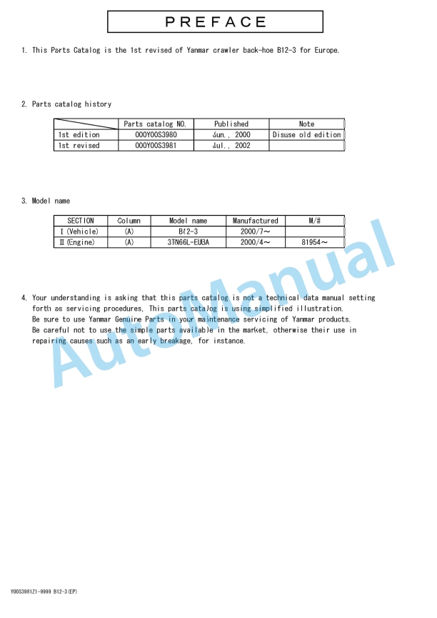 Yanmar B12-3 Crawler Backhoe Parts Catalog 1 Yanmar B12-3 Crawler Backhoe Parts Catalog