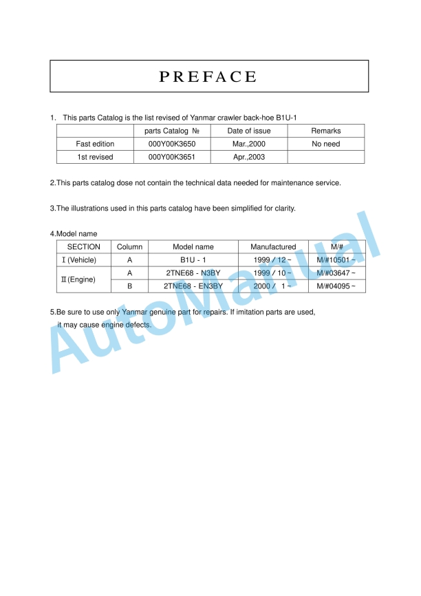 Yanmar B1U-1 Crawler Backhoe Parts Catalog Y00K3651 1 Yanmar B1U-1 Crawler Backhoe Parts Catalog Y00K3651
