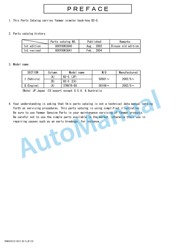 Yanmar B2-5 Crawler Backhoe Parts Catalog 1 Yanmar B2-5 Crawler Backhoe Parts Catalog