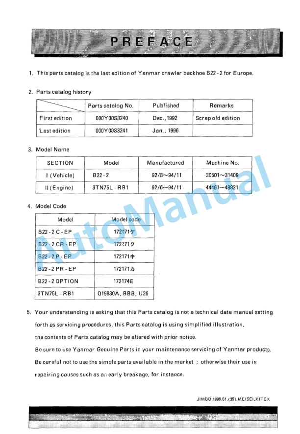 Yanmar B22-2 Crawler Backhoe Parts Catalog 1 Yanmar B22-2 Crawler Backhoe Parts Catalog