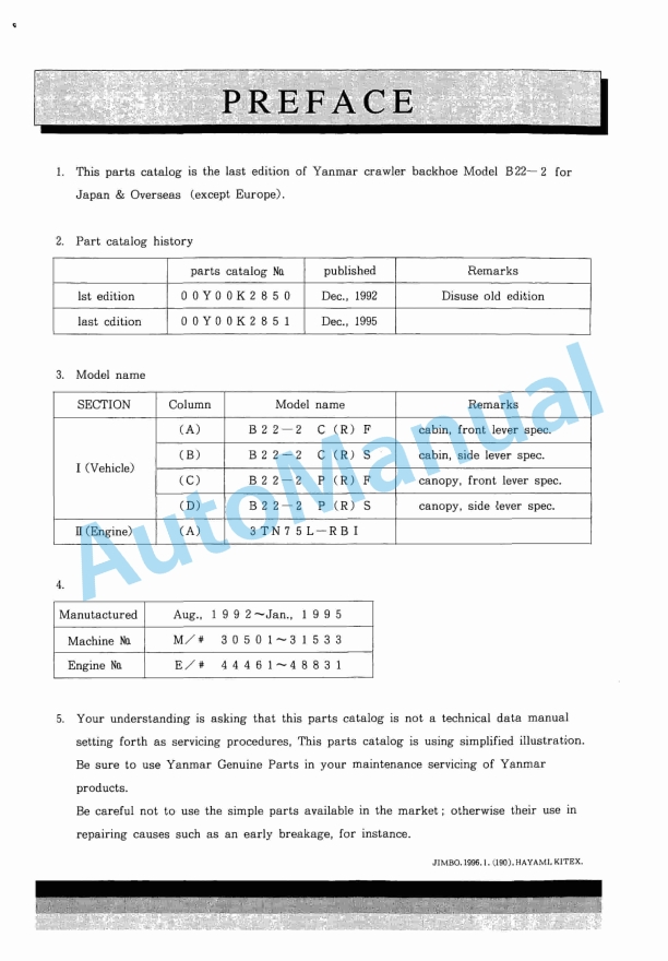 Yanmar B22-2 Crawler Backhoe Parts Catalog Y00K2851 1 Yanmar B22-2 Crawler Backhoe Parts Catalog Y00K2851