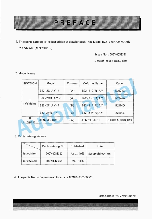 Yanmar B22-2 Crawler Backhoe Parts Catalog Y00S3351 1 Yanmar B22-2 Crawler Backhoe Parts Catalog Y00S3351