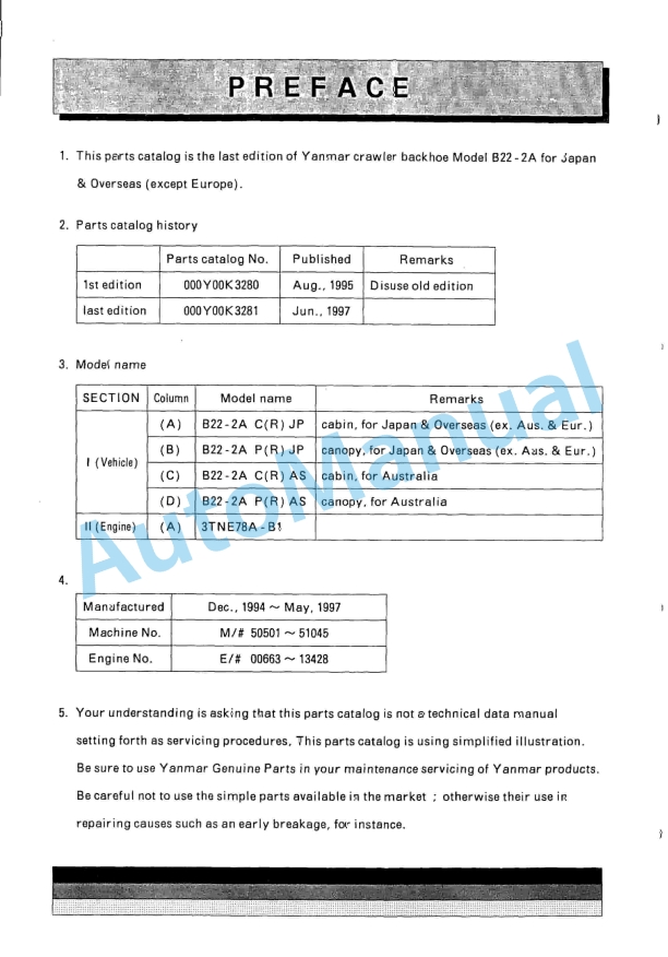Yanmar B22-2A Crawler Backhoe Parts Catalog Y00K3281 1 Yanmar B22-2A Crawler Backhoe Parts Catalog Y00K3281