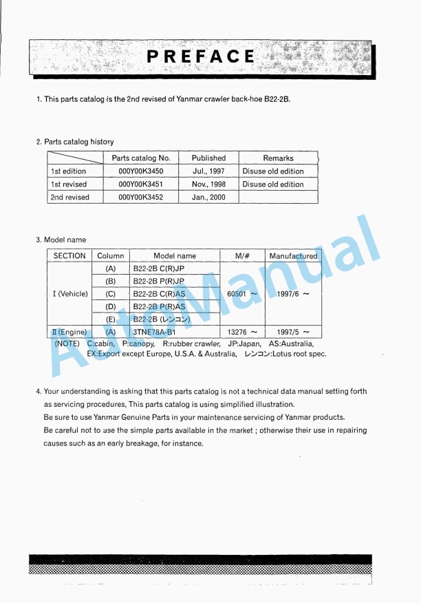 Yanmar B22-2B Crawler Backhoe Parts Catalog Y00K3452 1 Yanmar B22-2B Crawler Backhoe Parts Catalog Y00K3452