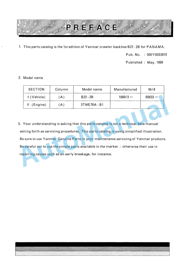 Yanmar B22-2B Crawler Backhoe Parts Catalog Y00S3870 1 Yanmar B22-2B Crawler Backhoe Parts Catalog Y00S3870