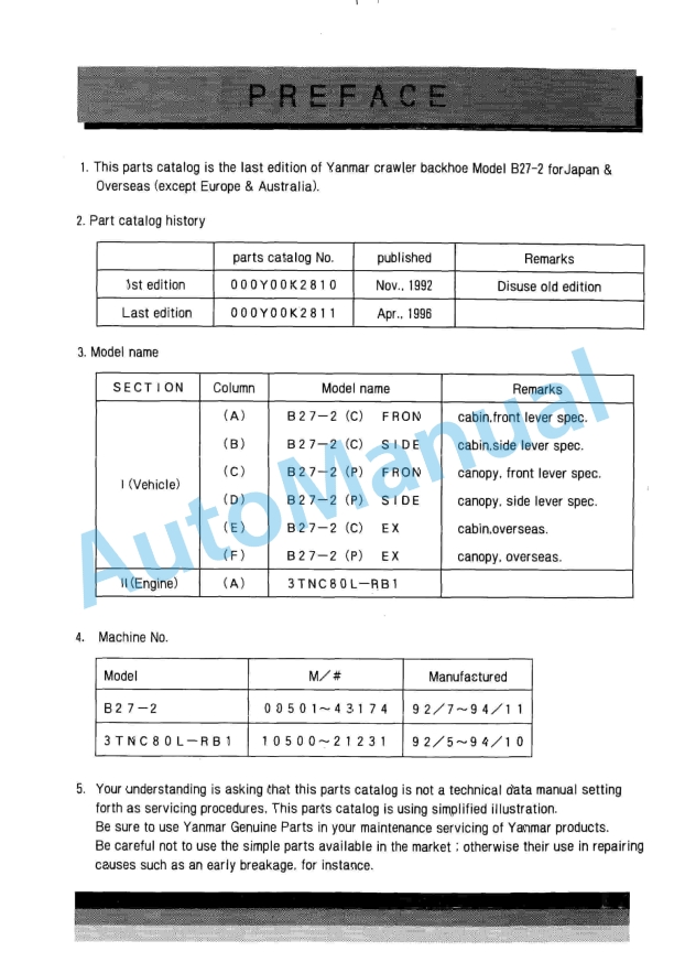 Yanmar B27-2 Crawler Backhoe Parts Catalog Y00K2811 1 Yanmar B27-2 Crawler Backhoe Parts Catalog Y00K2811