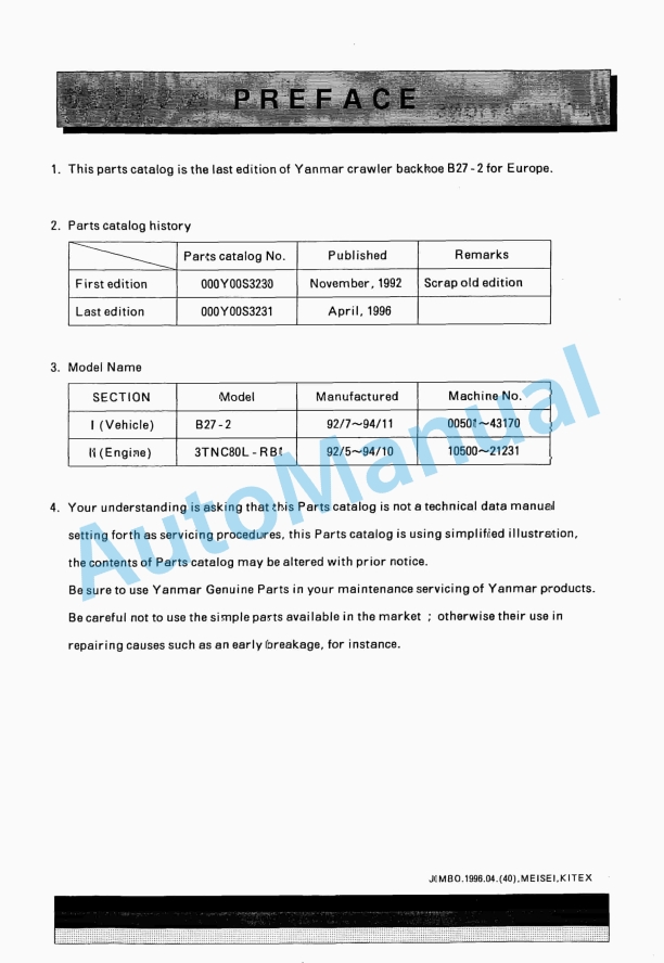 Yanmar B27-2 Crawler Backhoe Parts Catalog Y00S3231 1 Yanmar B27-2 Crawler Backhoe Parts Catalog Y00S3231