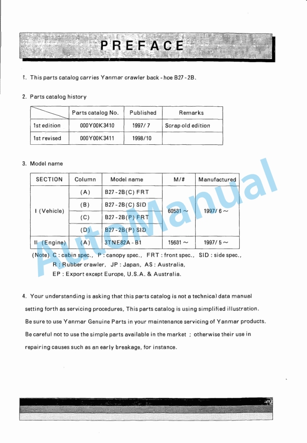 Yanmar B27-2B Crawler Backhoe Parts Catalog Y00K3411 1 Yanmar B27-2B Crawler Backhoe Parts Catalog Y00K3411