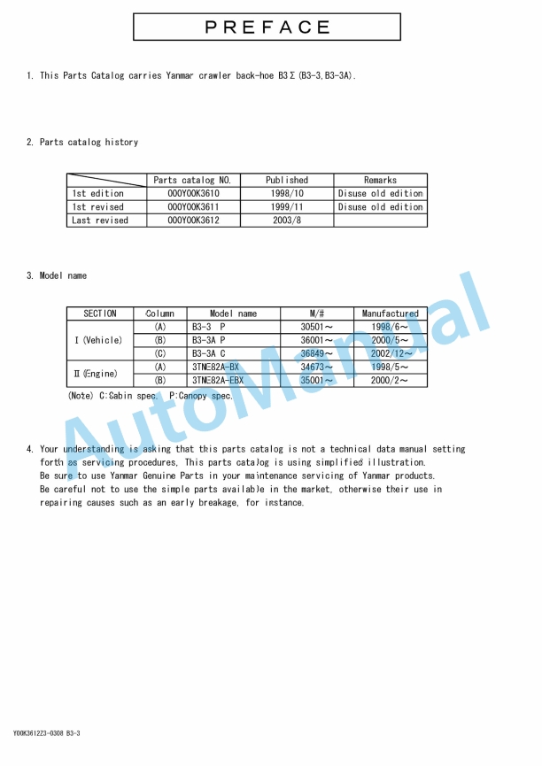 Yanmar B3-3, B3-3A Crawler Backhoe Parts Catalog Y00K3612 1 Yanmar B3-3, B3-3A Crawler Backhoe Parts Catalog Y00K3612