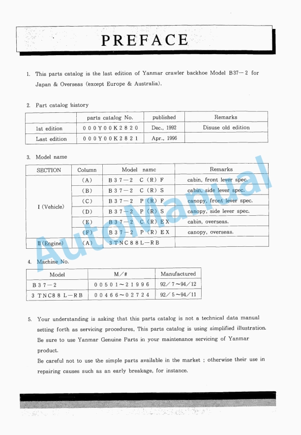 Yanmar B37-2 Crawler Backhoe Parts Catalog Y00K2821 1 Yanmar B37-2 Crawler Backhoe Parts Catalog Y00K2821