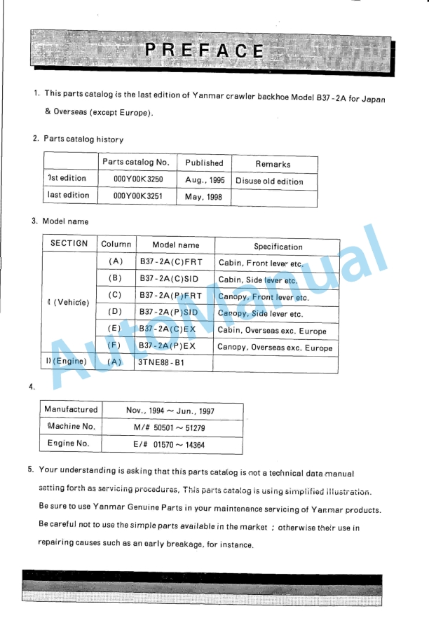Yanmar B37-2A Crawler Backhoe Parts Catalog Y00K3251 1 Yanmar B37-2A Crawler Backhoe Parts Catalog Y00K3251
