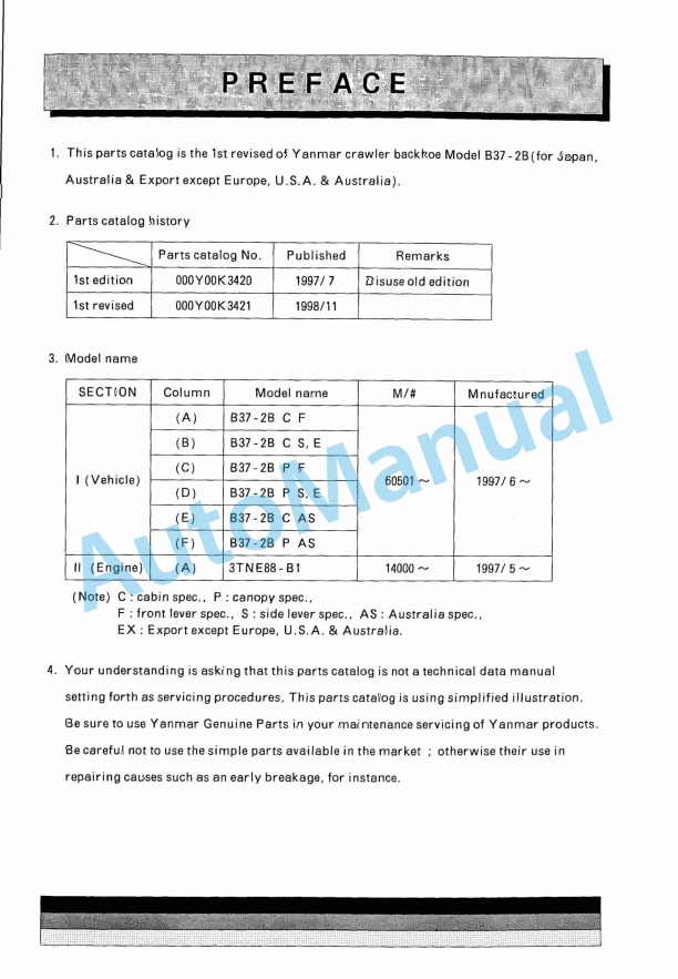 Yanmar B37-2B Crawler Backhoe Parts Catalog Y00K3421 1 Yanmar B37-2B Crawler Backhoe Parts Catalog Y00K3421