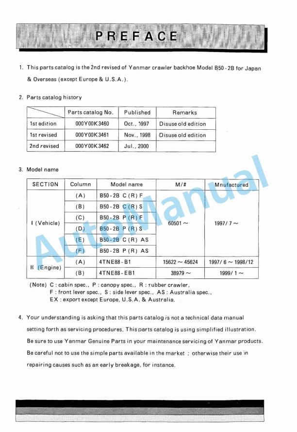 Yanmar B50-2B Crawler Backhoe Parts Catalog Y00K3462 1 Yanmar B50-2B Crawler Backhoe Parts Catalog Y00K3462