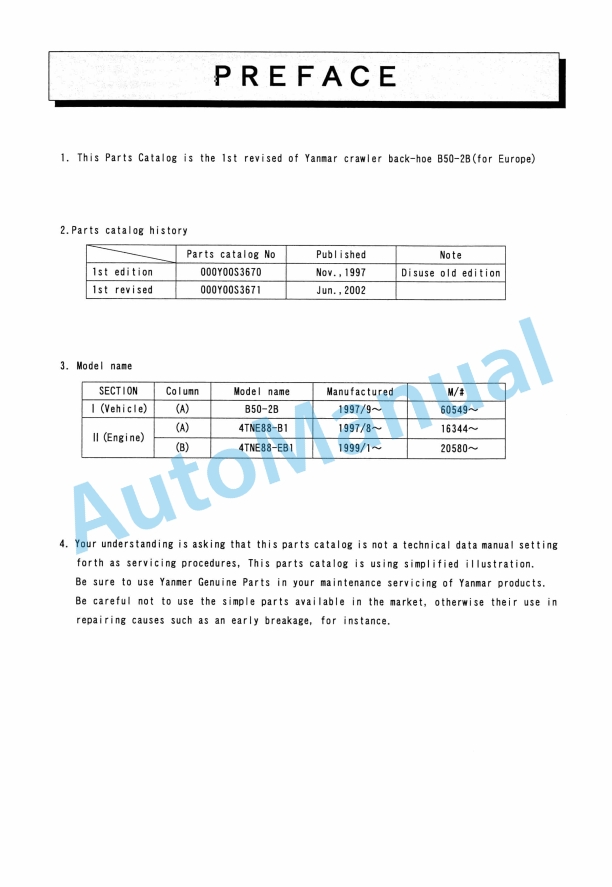 Yanmar B50-2B Crawler Backhoe Parts Catalog Y00S3671 1 Yanmar B50-2B Crawler Backhoe Parts Catalog Y00S3671