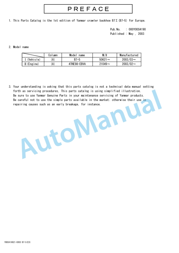Yanmar B7-5 Crawler Backhoe Parts Catalog Y00S4190 1 Yanmar B7-5 Crawler Backhoe Parts Catalog Y00S4190