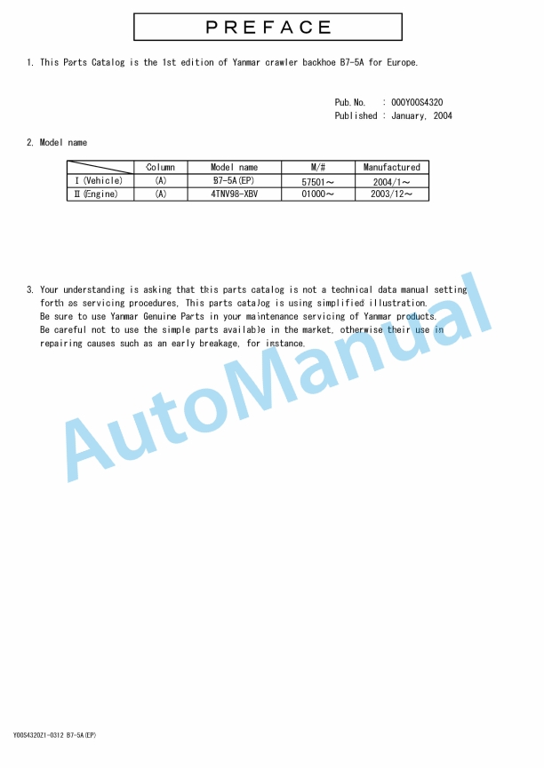Yanmar B7-5A Crawler Backhoe Parts Catalog Y00S4320 1 Yanmar B7-5A Crawler Backhoe Parts Catalog Y00S4320