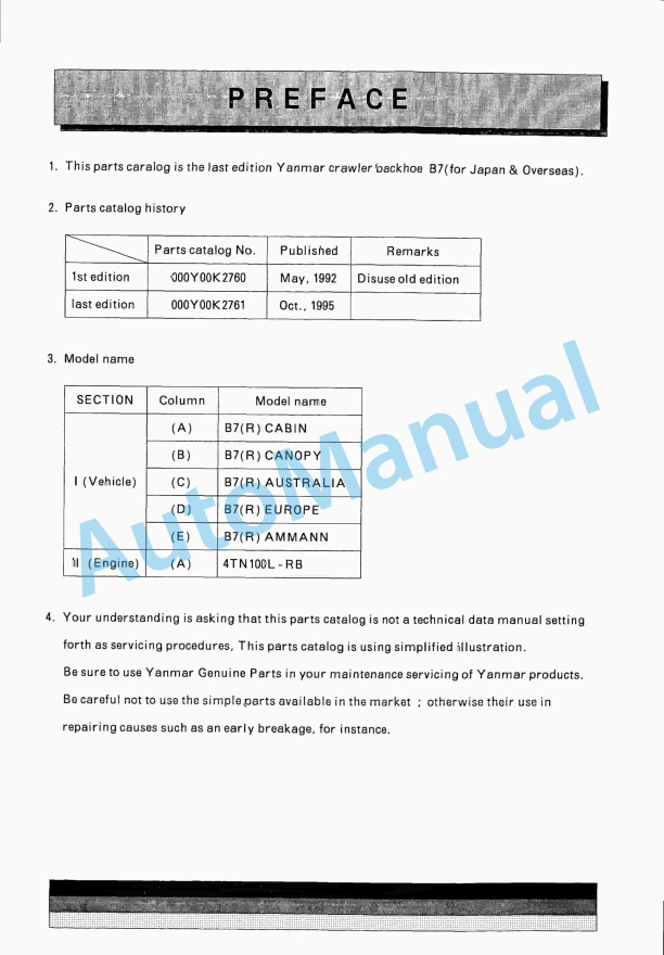 Yanmar B7 Crawler Backhoe Parts Catalog Y00K2761 1 Yanmar B7 Crawler Backhoe Parts Catalog Y00K2761