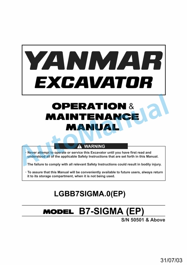 Yanmar B7-SIGMA Excavator Operation And Maintenance Manual