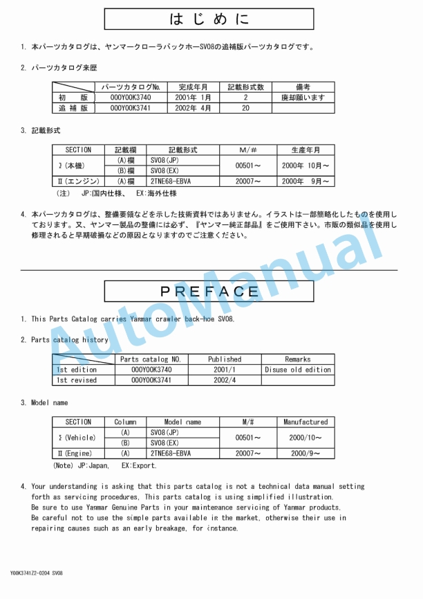 Yanmar SV08 Crawler Backhoe Parts Catalog Y00K3741 1 Yanmar SV08 Crawler Backhoe Parts Catalog Y00K3741