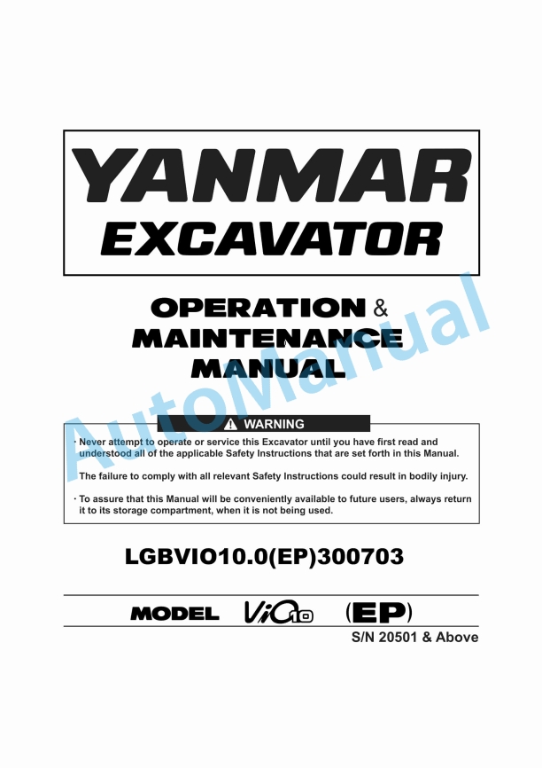 Yanmar ViO10 (EP) Excavator Operation And Maintenance Manual
