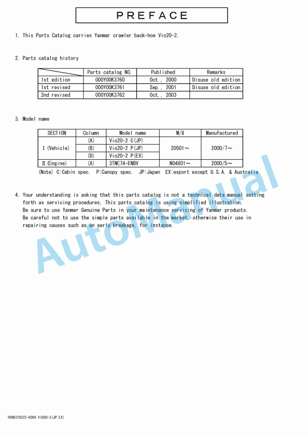 Yanmar ViO20-2 Crawler Backhoe Parts Catalog Y00K3762 1 Yanmar ViO20-2 Crawler Backhoe Parts Catalog Y00K3762