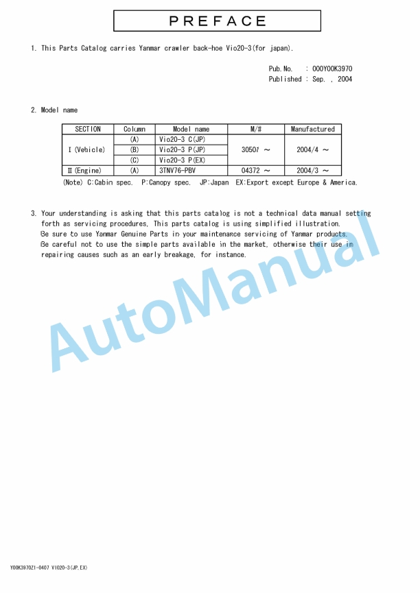 Yanmar ViO20-3 Crawler Backhoe Parts Catalog 1 Yanmar ViO20-3 Crawler Backhoe Parts Catalog