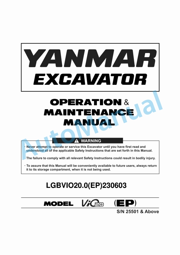 Yanmar ViO20 (EP) Excavator Operation And Maintenance Manual