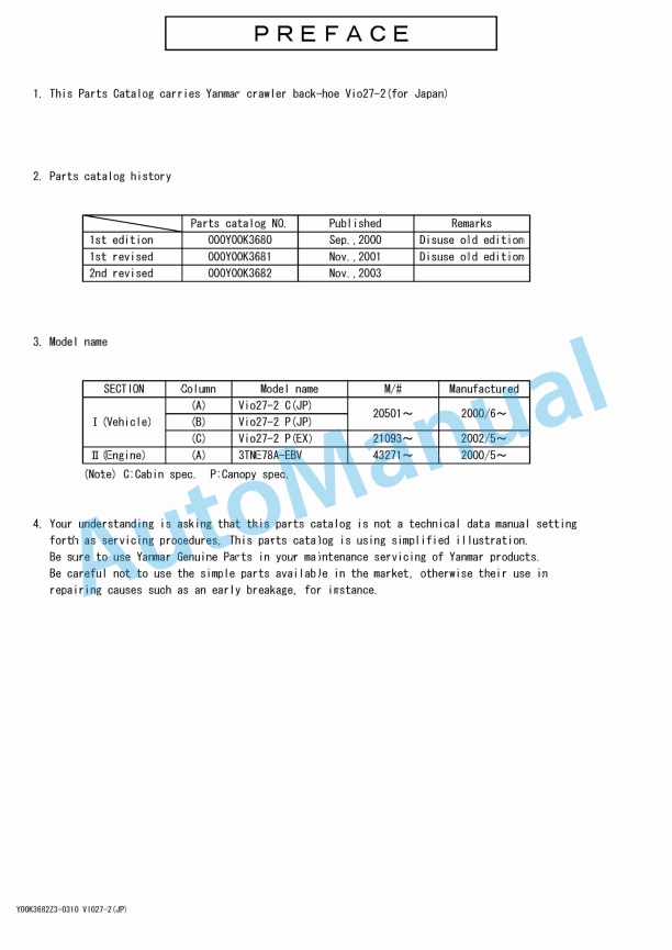 Yanmar ViO27-2 Crawler Backhoe Parts Catalog Y00K3682 1 Yanmar ViO27-2 Crawler Backhoe Parts Catalog Y00K3682