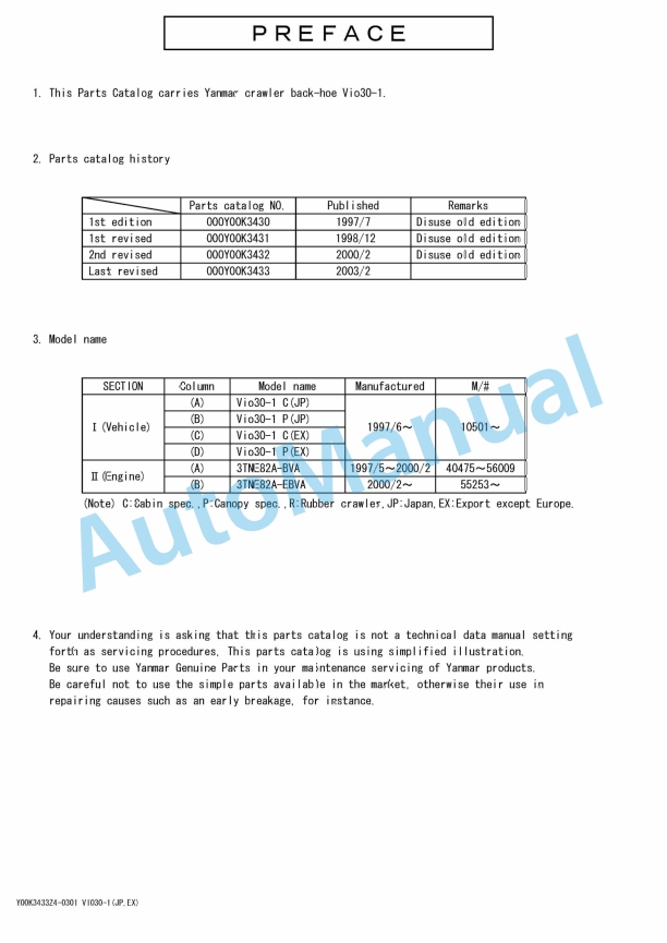Yanmar ViO30-1 Crawler Backhoe Parts Catalog Y00K3433 1 Yanmar ViO30-1 Crawler Backhoe Parts Catalog Y00K3433
