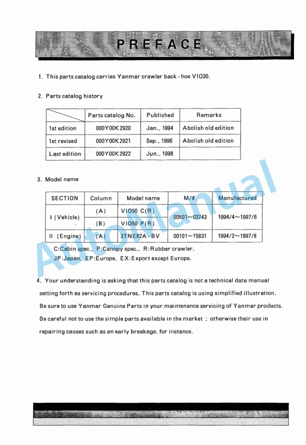 Yanmar ViO30 Crawler Backhoe Parts Catalog Y00K2922 1 Yanmar ViO30 Crawler Backhoe Parts Catalog Y00K2922