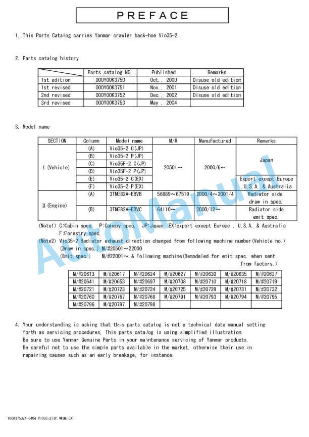 Yanmar ViO35-2 Crawler Backhoe Parts Catalog Y00K3753 1 Yanmar ViO35-2 Crawler Backhoe Parts Catalog Y00K3753