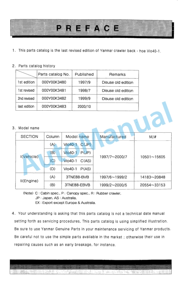 Yanmar ViO40-1 Crawler Backhoe Parts Catalog Y00K3483 1 Yanmar ViO40-1 Crawler Backhoe Parts Catalog Y00K3483