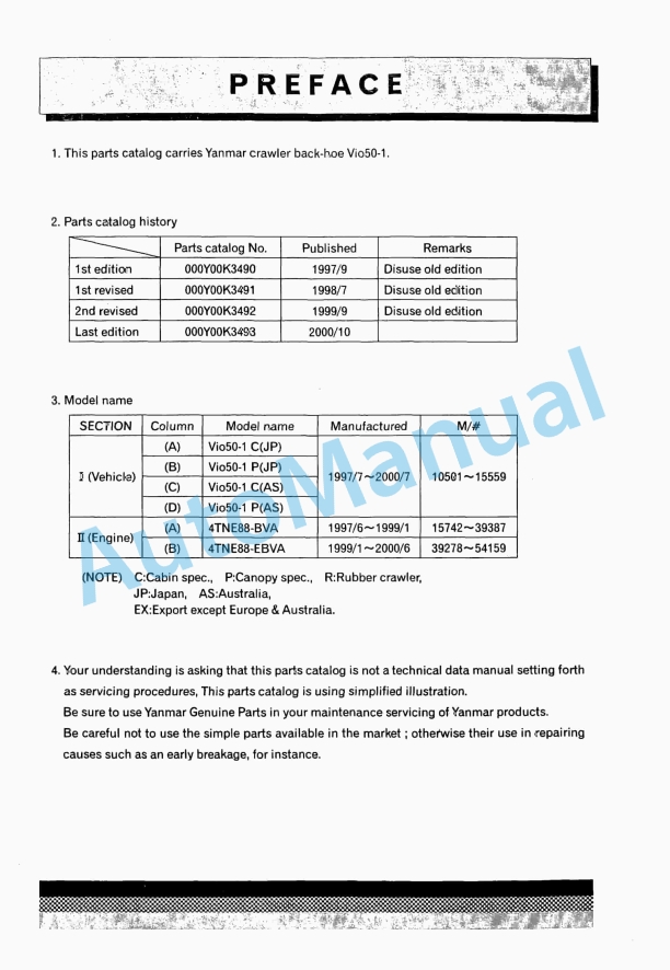 Yanmar ViO50-1 Crawler Backhoe Parts Catalog Y00K3493 1 Yanmar ViO50-1 Crawler Backhoe Parts Catalog Y00K3493