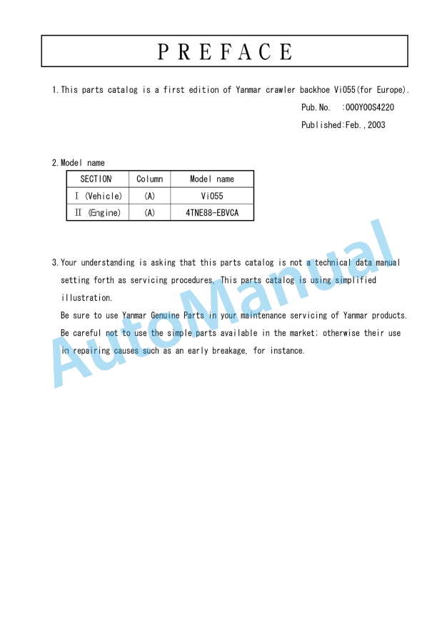 Yanmar ViO55 Crawler Backhoe Parts Catalog