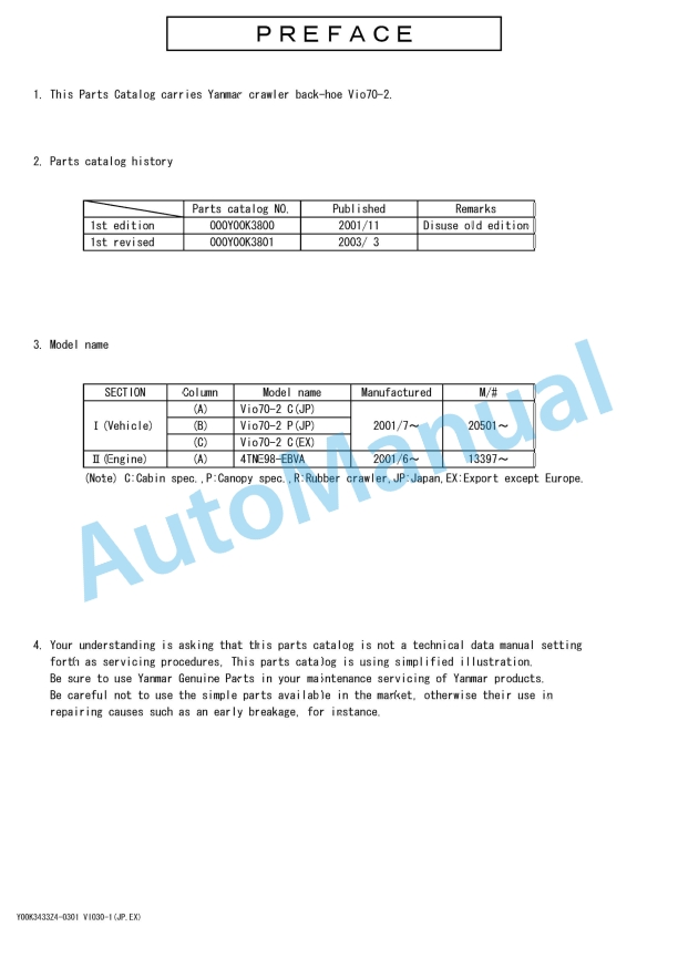Yanmar ViO70-2 Crawler Backhoe Parts Catalog Y00K3801