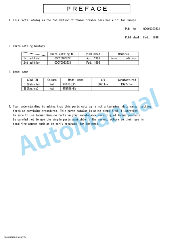 Yanmar ViO70 Crawler Backhoe Parts Catalog Y00S3631