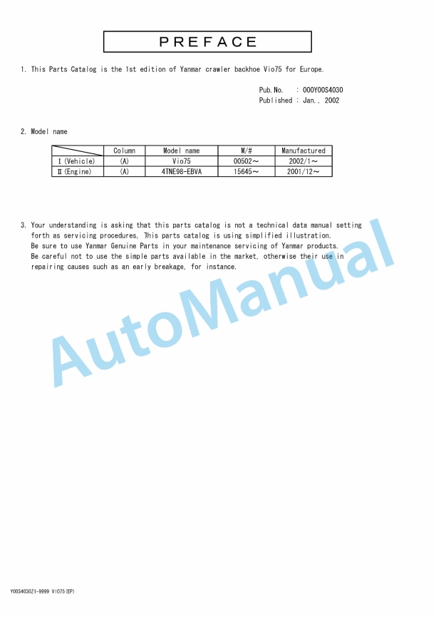 Yanmar ViO75 Crawler Backhoe Parts Catalog Y00S4030