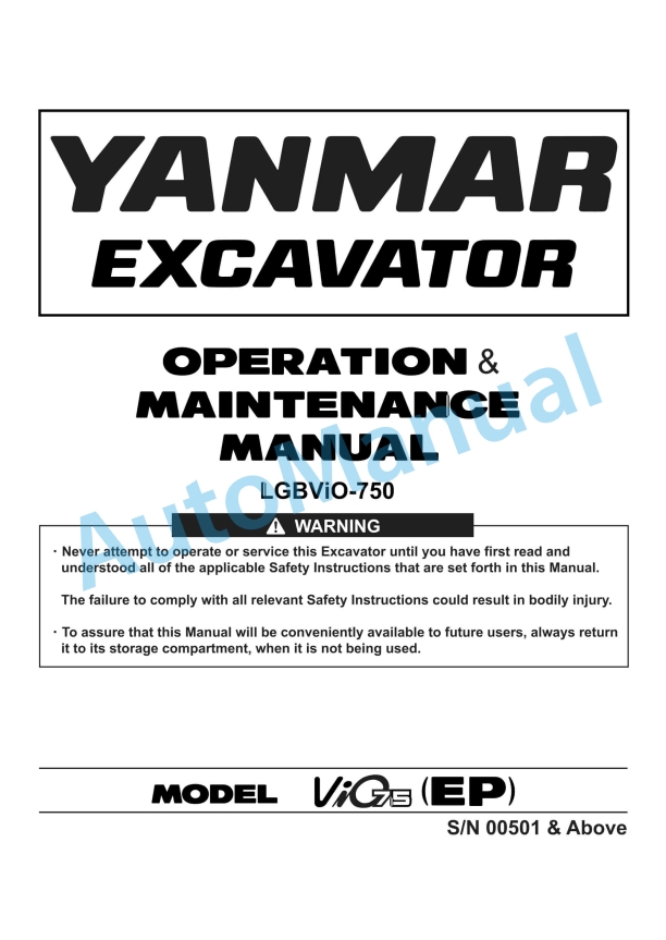 Yanmar ViO75 (EP) Excavator Operation And Maintenance Manual
