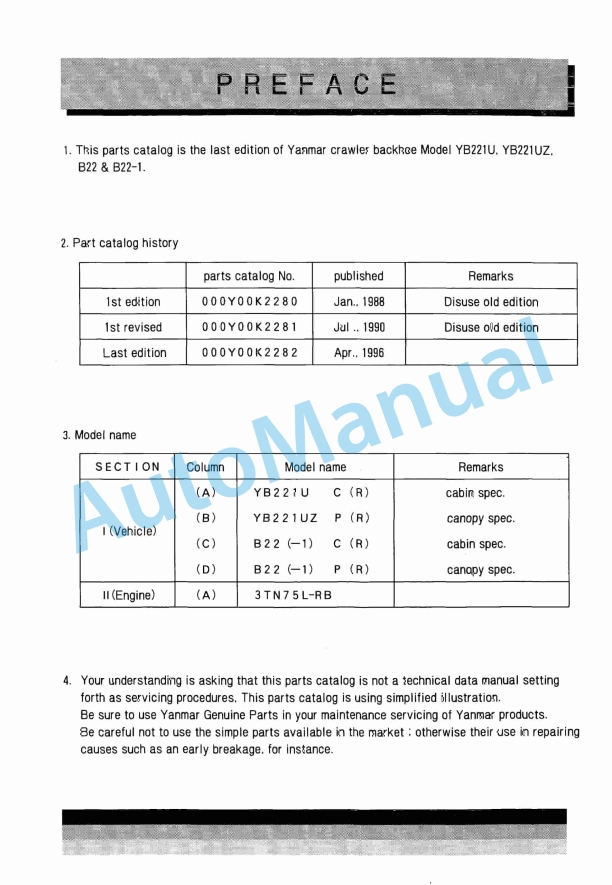 Yanmar YB221U, YB221UZ, B22, B22-1 Crawler Backhoe Parts Catalog Y00K2282
