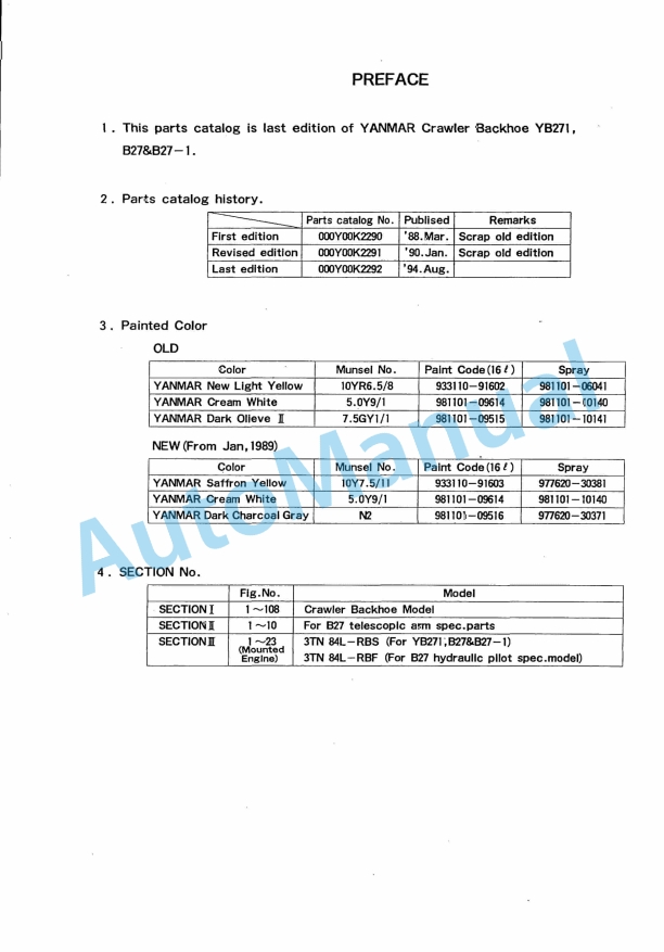 Yanmar YB271, B27, B27-1 Crawler Backhoe Parts Catalog Y00K2292