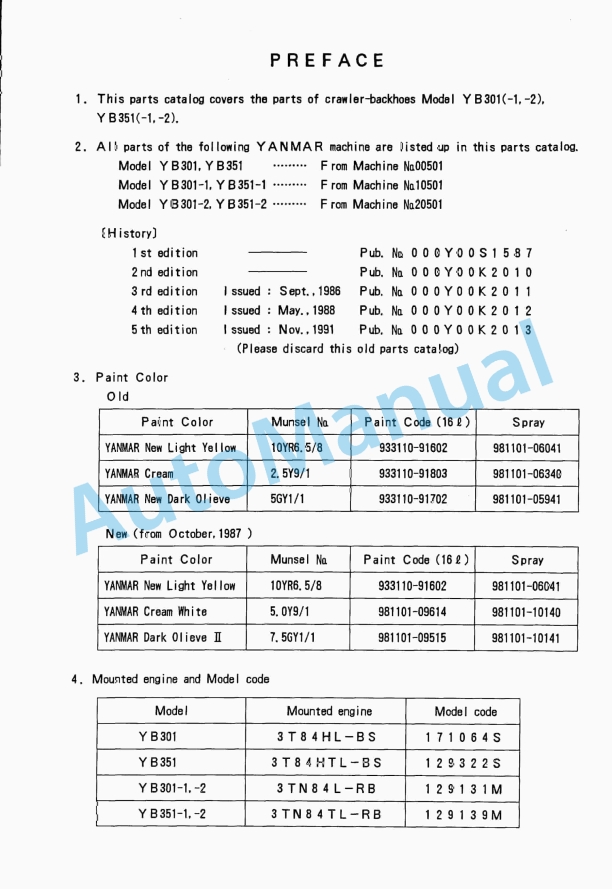 Yanmar YB301-1, YB301-2, YB351-1, YB351-2 Crawler Backhoe Parts Catalog Y00K2013
