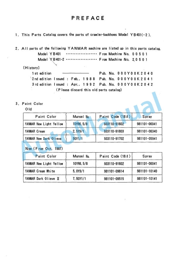 Yanmar YB401, YB401-2 Crawler Backhoe Parts Catalog Y00K2042