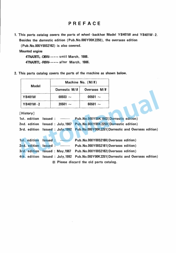 Yanmar YB401W, YB401W-2 Wheel Backhoe Parts Catalog Y00K2251