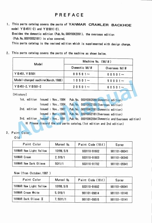 Yanmar YB451, YB501, YB451-2, YB501-2 Crawler Backhoe Parts Catalog
