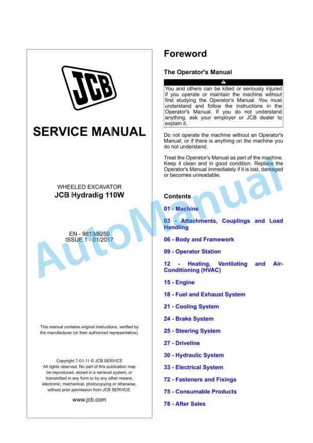 JCB 110W Hydradig Wheeled Excavator Service Manual 9813-8250